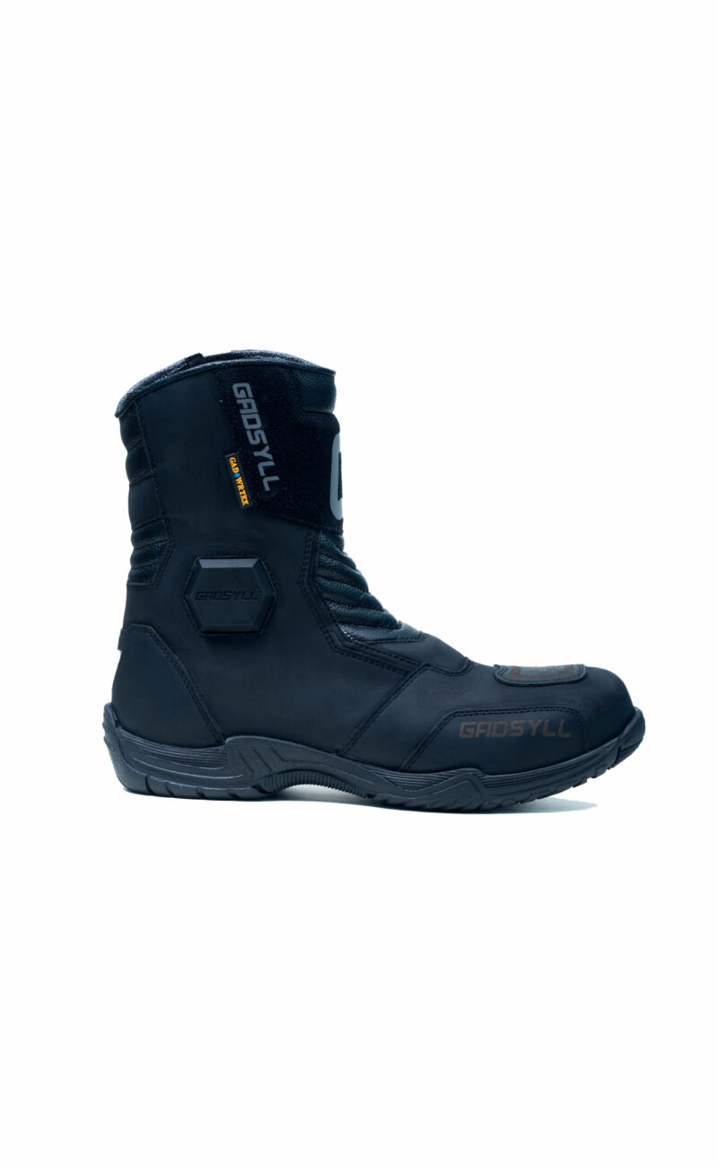 Black mid-cut boot with rugged tread and visible GADOSYLL branding on the side and ankle patch, isolated on white.